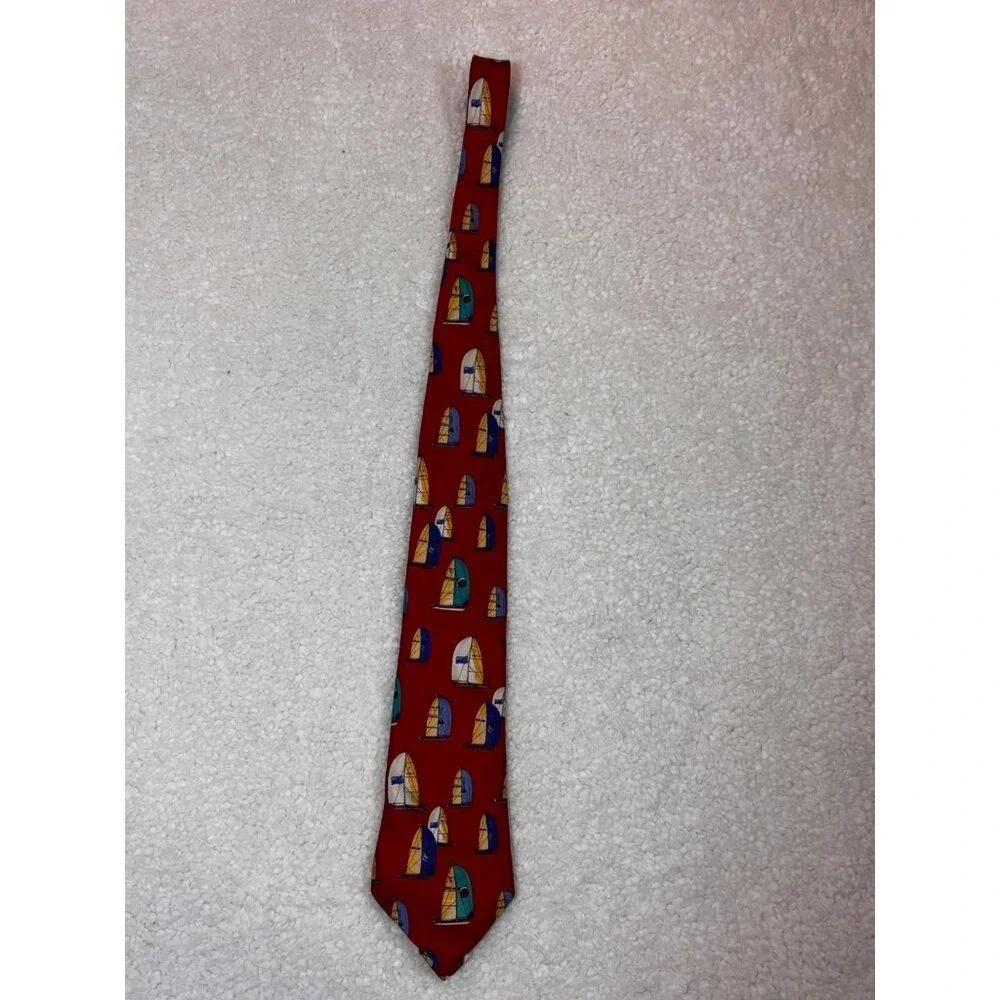 Mens Red Silk Necktie Nautical Sailboat Pattern Handmade‎ USA